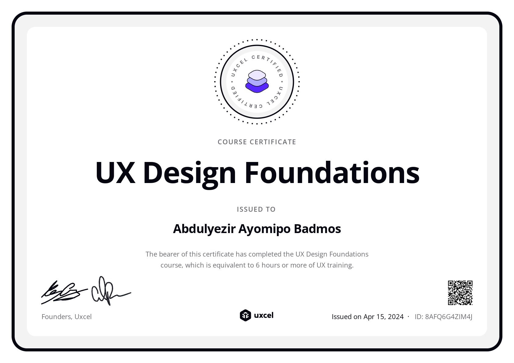 Abdulyezir Ayomipo Badmos's certificate